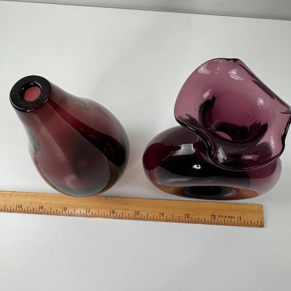 Set 2 Vintage BLENKO Pinched Donut Purple Amethyst Tulip Vase Glass Teardrop MCM